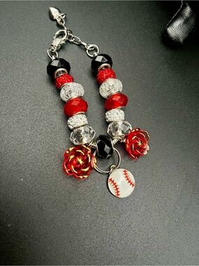 Hand Crafted Red, Black, Silver Baseball Charm Bracelet